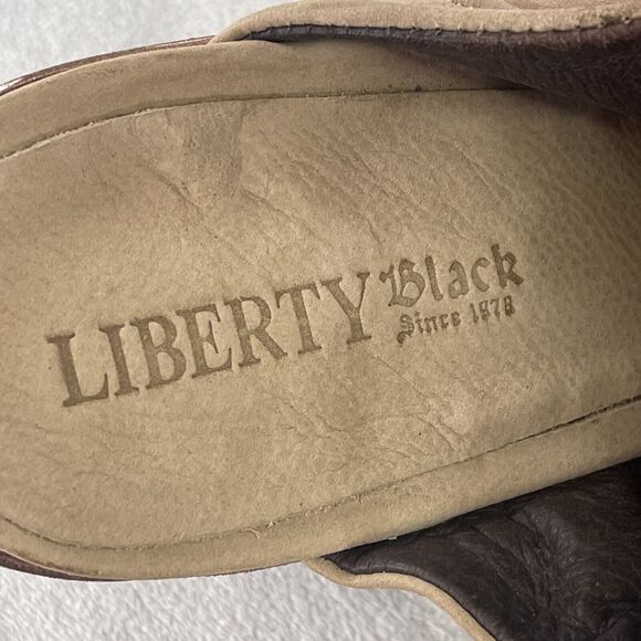Liberty Black Peep Toe Mule Heels Size 7 Cognac Cream Leather Chunky - Picture 7 of 10